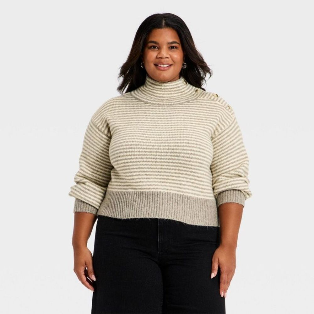 Women's Mock Turtleneck Button Pullover Sweater - Taupe Striped XXL